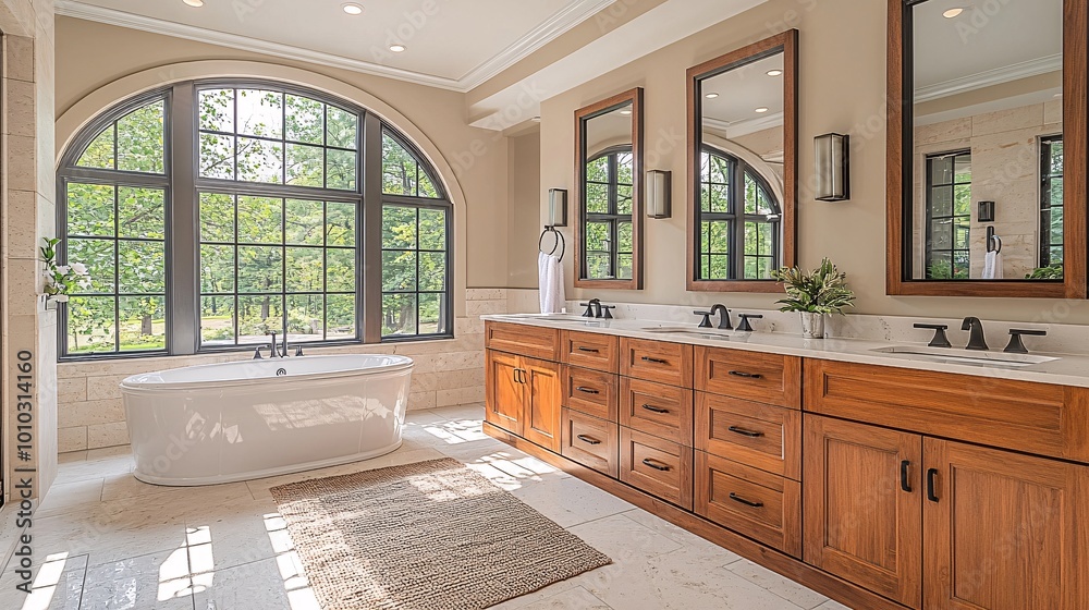 Wooden cabinets with dual sinks and large arched mirrors, in a bright and modern bathroom design