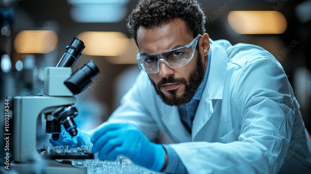 A focused scientist examines samples under a microscope in a laboratory setting.