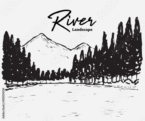 Isolated hand drawn river mountain river land scape illustration 6 