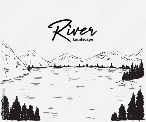 Isolated hand drawn river mountain river land scape illustration 7