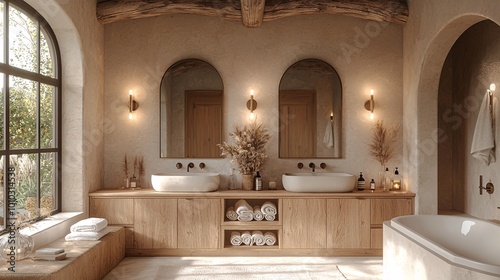 A 3D render of a luxurious bathroom with wooden cabinets  arched mirrors above dual sinks  and a light  airy aesthetic