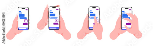 Hands Holding Smartphone on Social Messenger: Finger Touching and Tapping Video and Voice Messages on Screen - Vector Illustration