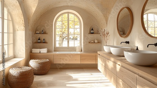A minimalistic bathroom design showcasing wooden vanity cabinets  two sleek sinks  and decorative arched mirrors in a light  serene space