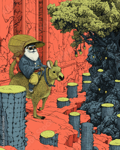 A bearded adventurer riding a kangaroo through a surreal forest landscape filled with tree stumps and vibrant foliage, combining fantasy with exploration and nature