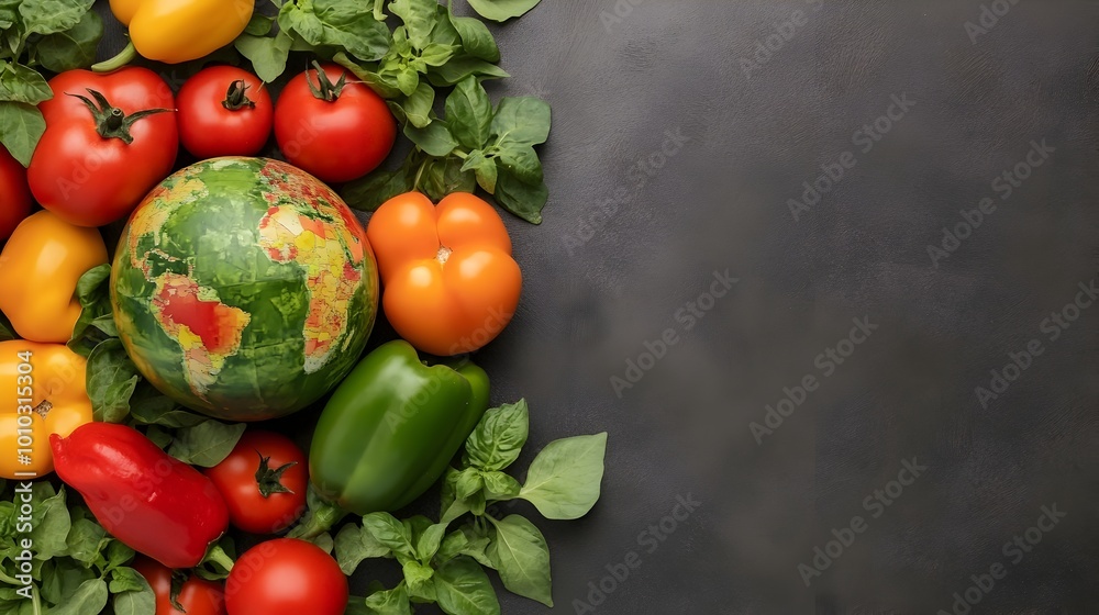 Globe of Tomatoes and Bell Peppers Against Dark Background for World Food Day Concept Globe of Tomatoes and Bell Peppers Against Dark Background for World Food Day Concept