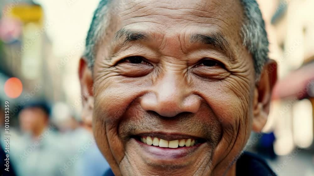 A close-up of an elderly Asian man smiling warmly, with a joyful expression and soft lighting highlighting his face. A close-up of an elderly Asian man smiling warmly, with a joyful expression and soft lighting highlighting his face.