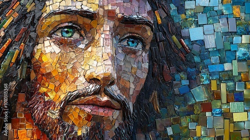 Close-up portrait of Jesus Christ, crafted from colorful mosaic tiles.