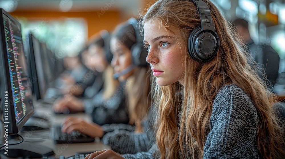 A focused young woman using a computer in a tech-oriented environment. A focused young woman using a computer in a tech-oriented environment.