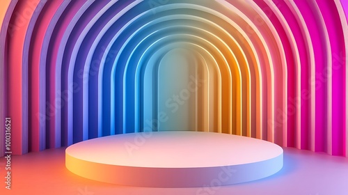 A white podium sits in front of a colorful archway background.