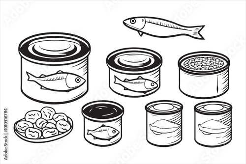 A set of canned fish caviar squid and seaweed Delicious seafood In black ink
