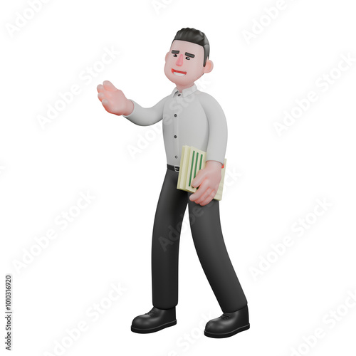 Male Business in Corporate Setting. A male businessman stands with his left hand carrying a document while his right hand is raised up, as if explaining. 3D Character