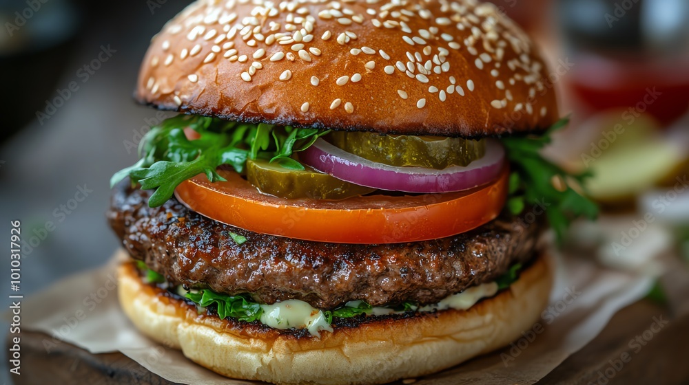 Close-up of a juicy burger with lettuce, tomato, onion, and pickle. Close-up of a juicy burger with lettuce, tomato, onion, and pickle.