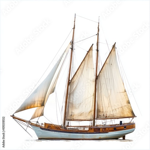 Sailboat with its sails up, navigating the water. isolated on white background. 