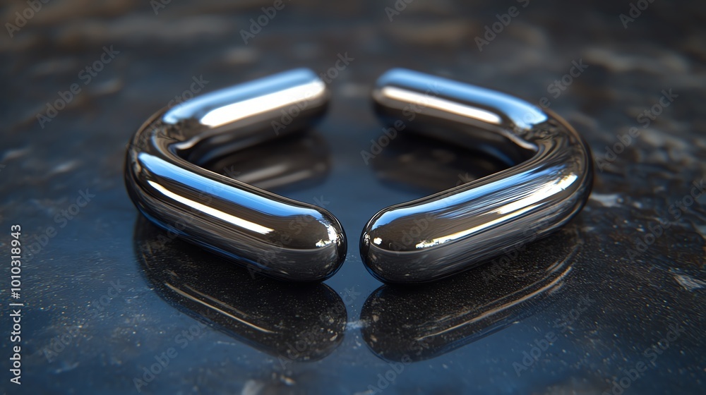 Two shiny metal rings facing each other on a dark surface. Two shiny metal rings facing each other on a dark surface.