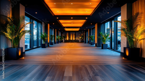 A spacious  blurred event hall filled with warm ambient lighting and subtle motion