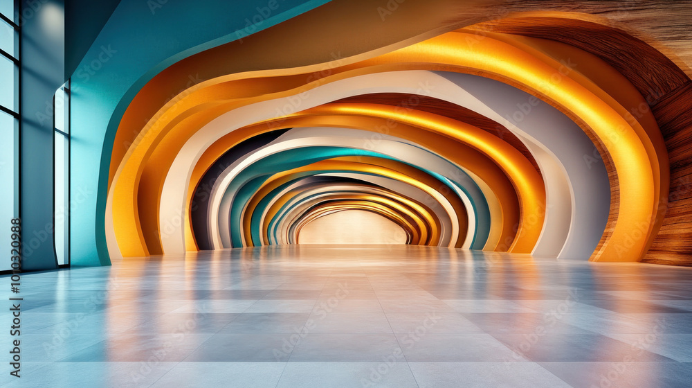 Fototapeta premium Abstract shapes blending into a sleek trade show venue, creating a futuristic, dynamic atmosphere