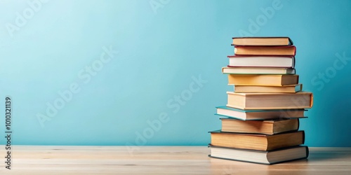 A stack of diverse books on a light blue background , stack, books, education, knowledge, learning, reading, literature