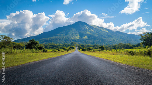 Panoramic mountain road landscape among green mountains. View of forest road in beautiful nature landscape.