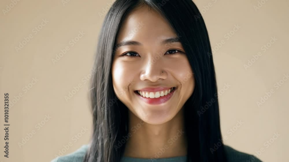 A close-up portrait of a young Asian woman smiling warmly against a neutral background. A close-up portrait of a young Asian woman smiling warmly against a neutral background.