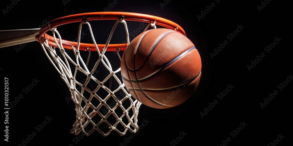 Basketball going through hoop on black background, Basketball, hoop, basket, score, victory, success, game, sport Basketball going through hoop on black background, Basketball, hoop, basket, score, victory, success, game, sport