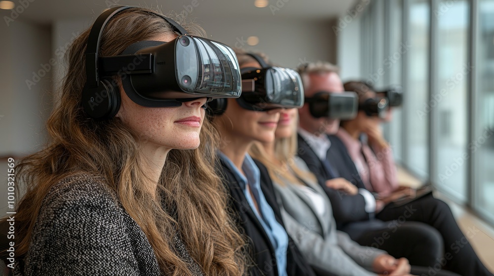 A group of individuals engaged in virtual reality experiences using headsets. A group of individuals engaged in virtual reality experiences using headsets.