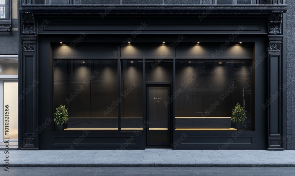A black storefront with a glass door and windows, lit by spotlights. A black storefront with a glass door and windows, lit by spotlights.