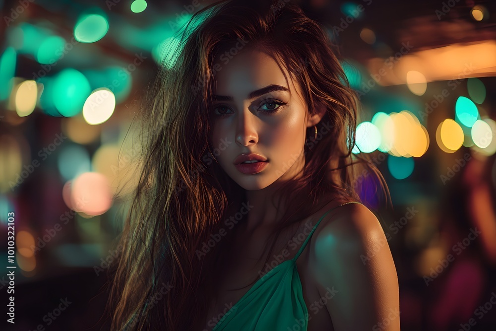 A woman with long brown hair and a green dress with a blur night clubs lighting background behind her A woman with long brown hair and a green dress with a blur night clubs lighting background behind her