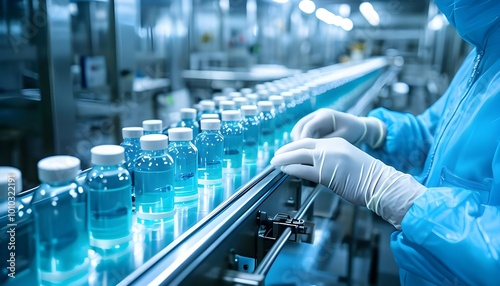 Pharmaceutical Scientist Inspecting Vials in Factory Setting,Pharmaceutical Production Line Worker Inspecting Medicine Bottles.