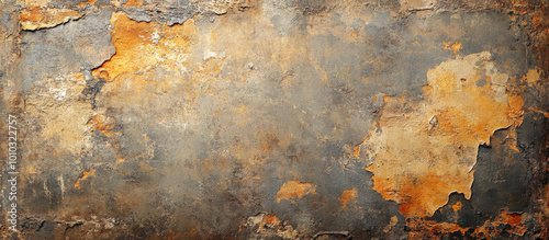 Distressed wall with peeling orange and gray paint, exhibiting a grunge texture