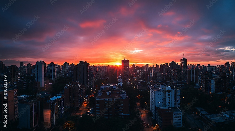Fototapeta premium A vibrant sunset over a city skyline with dramatic clouds and a golden glow.