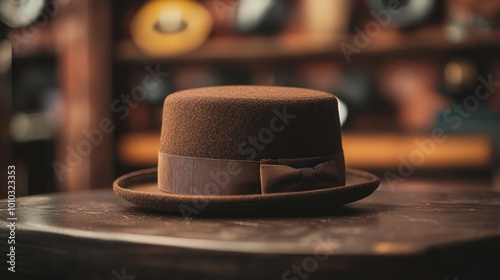 Stylish pork pie hat with a flat crown and short brim, showcasing a vintage-inspired design. photo