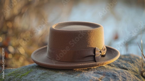 Stylish pork pie hat with a flat crown and short brim, showcasing a vintage-inspired design. photo