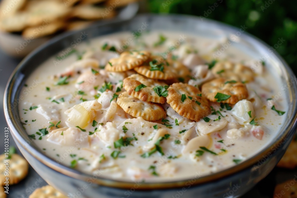 Rich and creamy clam chowder with oyster crackers and fresh parsley garnish Rich and creamy clam chowder with oyster crackers and fresh parsley garnish
