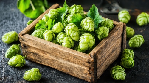 Wooden box filled with fresh green hops, craft beer ingredient close-up