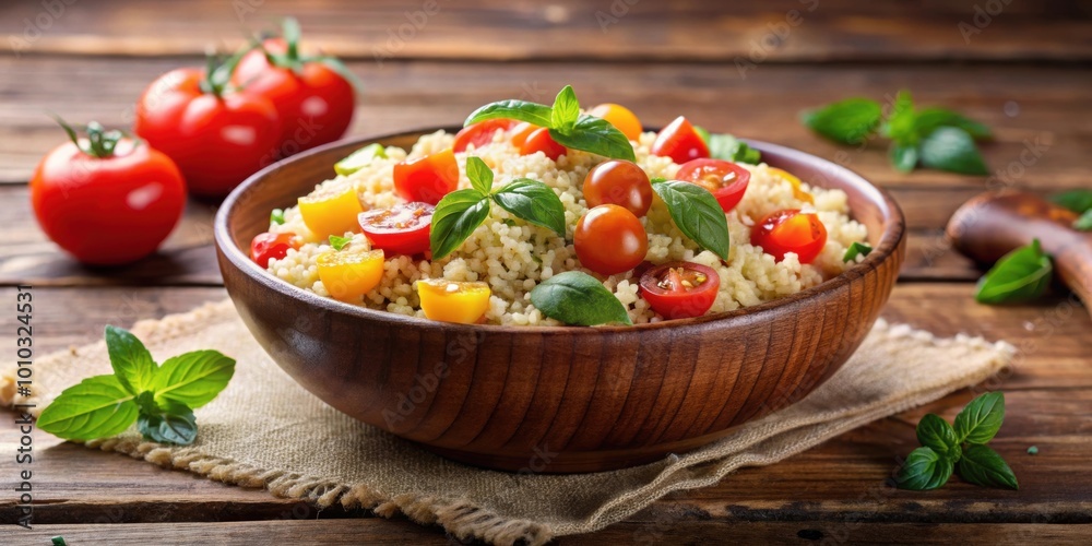 Freshly prepared couscous salad with tomatoes and basil in a rustic bowl, Healthy, food, vegetarian, Mediterranean, cuisine, fresh Freshly prepared couscous salad with tomatoes and basil in a rustic bowl, Healthy, food, vegetarian, Mediterranean, cuisine, fresh