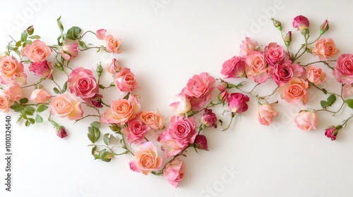 A delicate heart trail of roses arranged on a smooth white background, evoking love and affection with vibrant petals and soft lighting