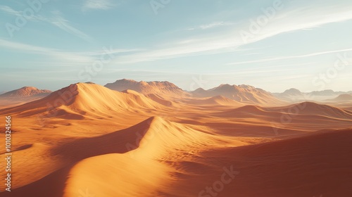 A Vast Desert Landscape with Rolling Sand Dunes and Distant Mountains