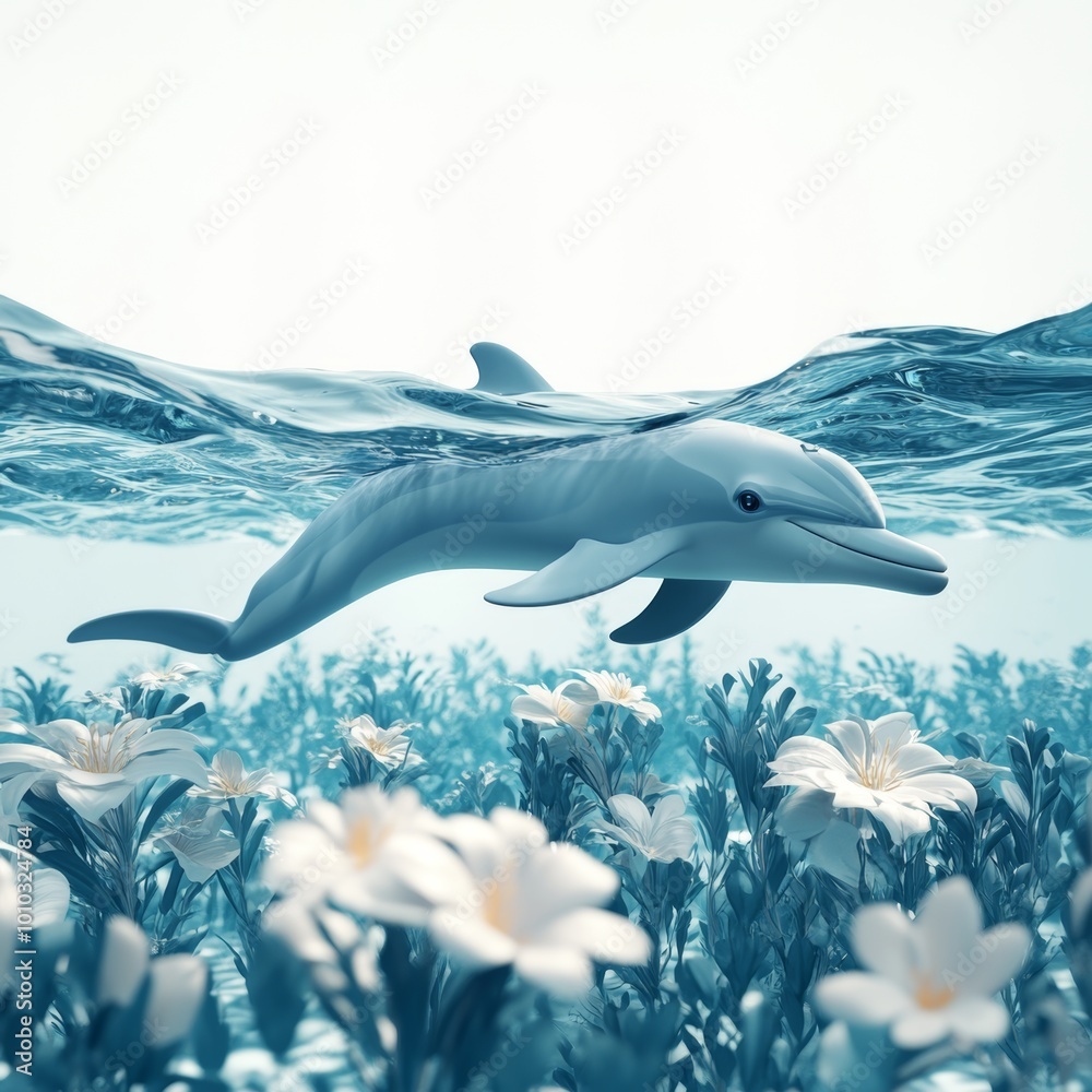 Fototapeta premium Dolphin Swimming Through Underwater Flower Garden