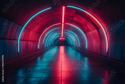 A tunnel that has a red and blue light on it