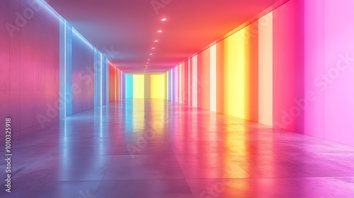 Empty hallway with colorful neon lights.