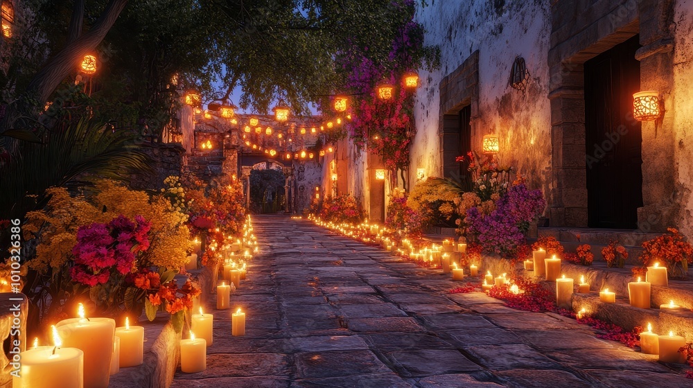 Enchanting Nighttime Alley Adorned with Vibrant Flowers and Glowing Lanterns