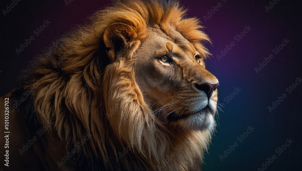 Naklejka premium Close-up of lion's face with lush mane and dramatic lighting, mouth slightly open