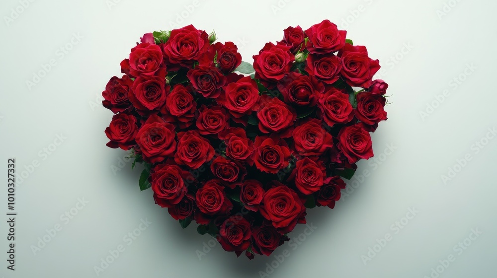 A beautiful arrangement of fresh roses forming a heart on a clean white backdrop, creating a romantic and luxurious visual A beautiful arrangement of fresh roses forming a heart on a clean white backdrop, creating a romantic and luxurious visual