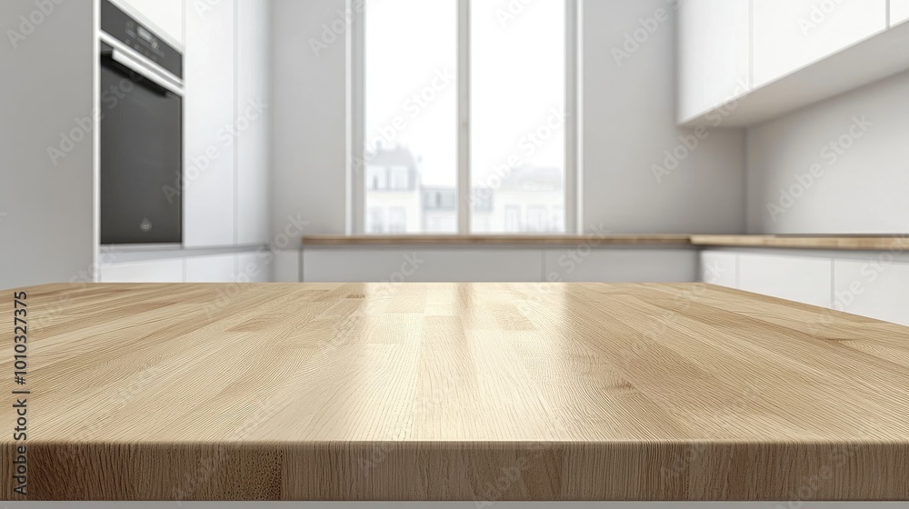 Wooden light empty table top in modern white kitchen, kitchen panel in interior Wooden light empty table top in modern white kitchen, kitchen panel in interior