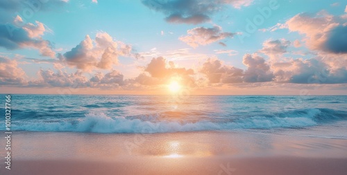 A breathtaking sunset over a calm ocean with waves crashing on the sandy shore.