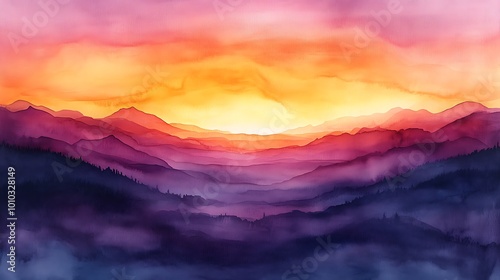 Watercolor painting of a mountain landscape at sunset with a colorful sky and silhouettes of trees in the foreground.