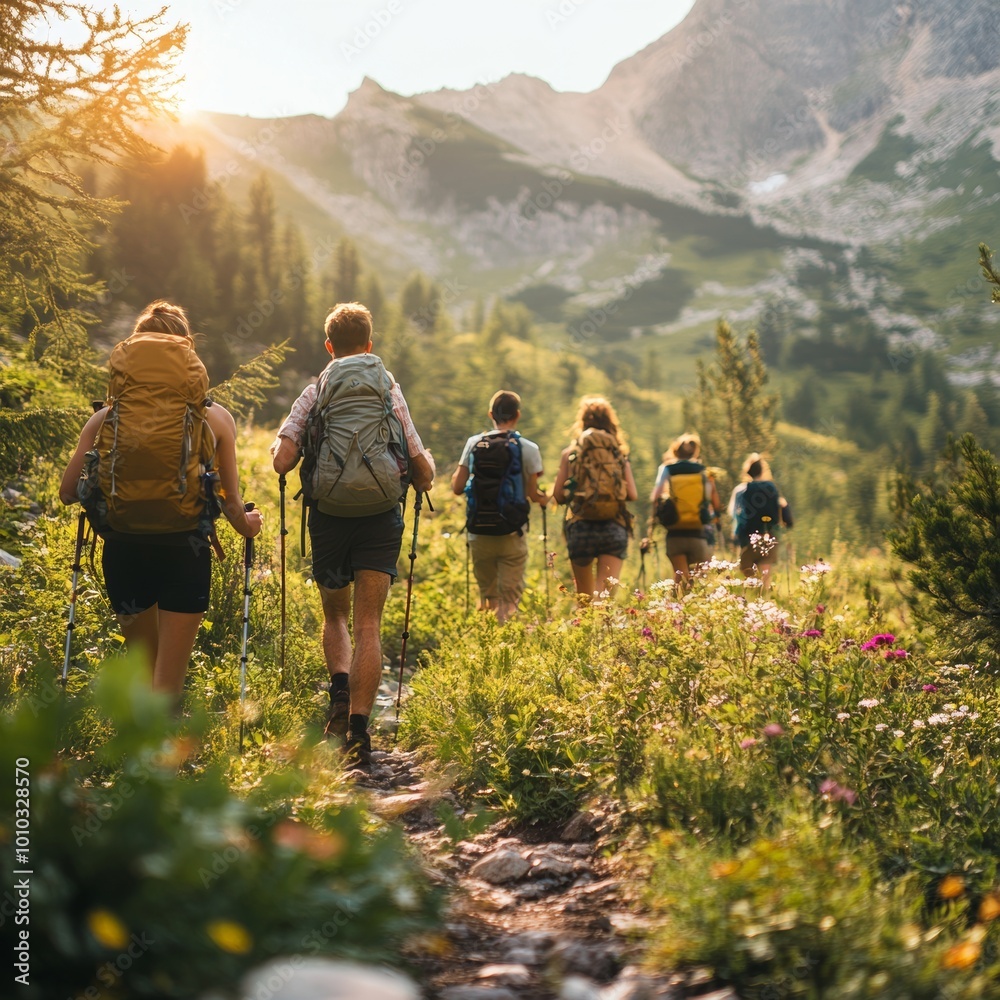 Hiking Group in Mountain Landscape with Backpacks and Trekking Poles Hiking Group in Mountain Landscape with Backpacks and Trekking Poles