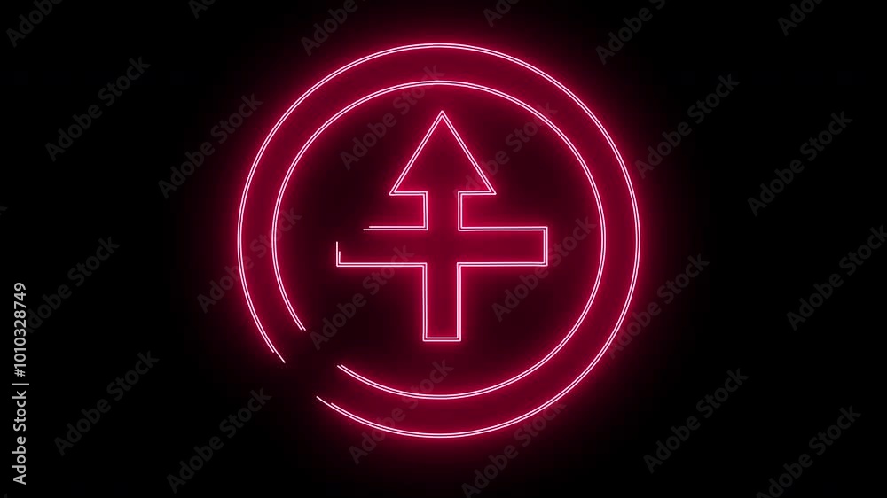 illustration of traffic signs cross road ahead, side roads to right and left. In front of there is an intersection to the left straight and to the right. Animated red light shining around illustration of traffic signs cross road ahead, side roads to right and left. In front of there is an intersection to the left straight and to the right. Animated red light shining around