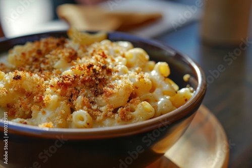 Rich and creamy baked macaroni and cheese with crispy golden breadcrumb topping