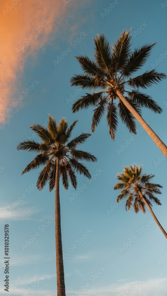 Obraz premium Row of tall palm trees with green fronds under clear sky and smooth gray background